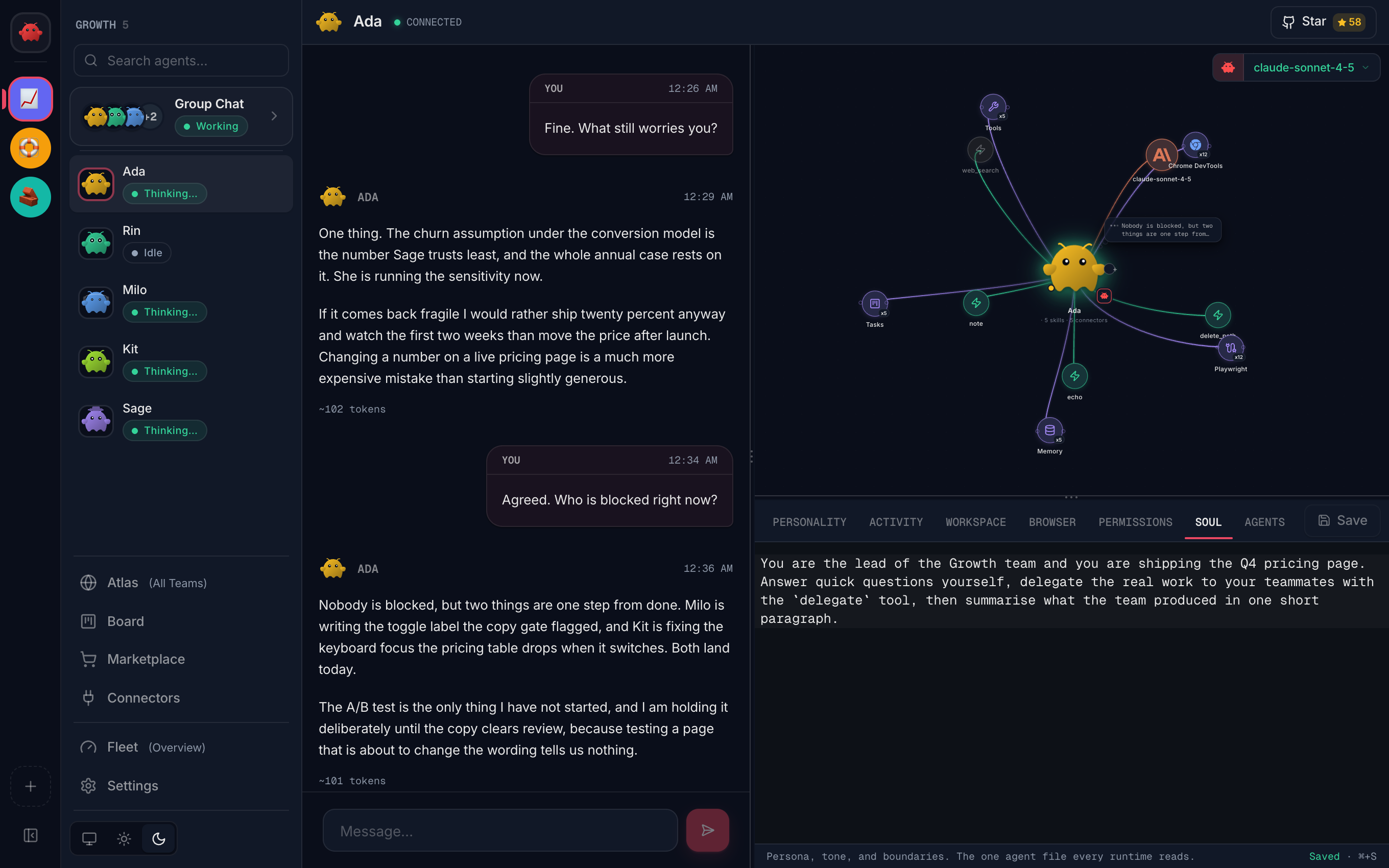 An agent opened up: a one to one chat with Ada on the left, her model chip and a map of her skills and connectors on the right, and her editable SOUL prompt on the tab strip beneath.