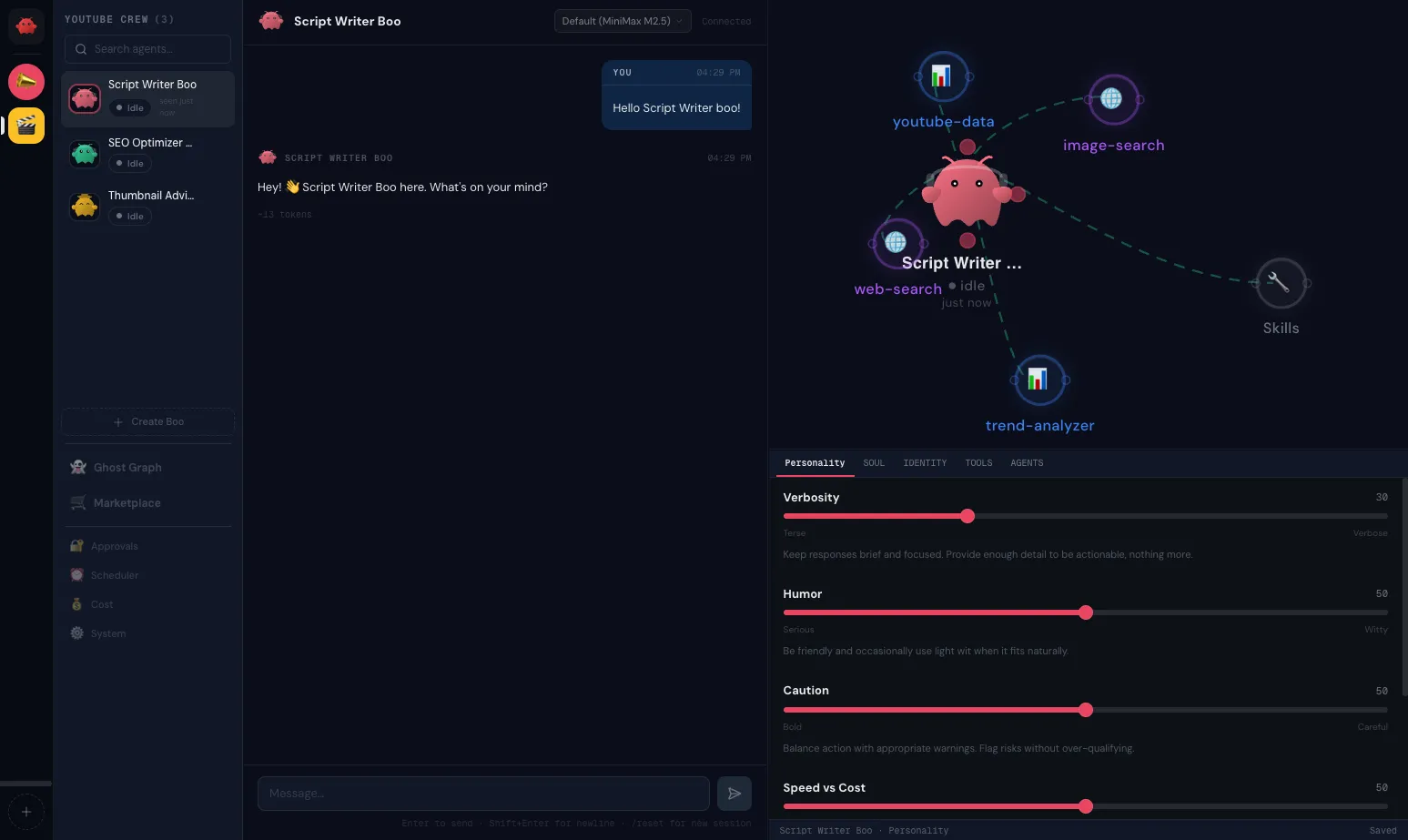 A Clawboo agent detail view: a single agent with its chat, personality, and files.