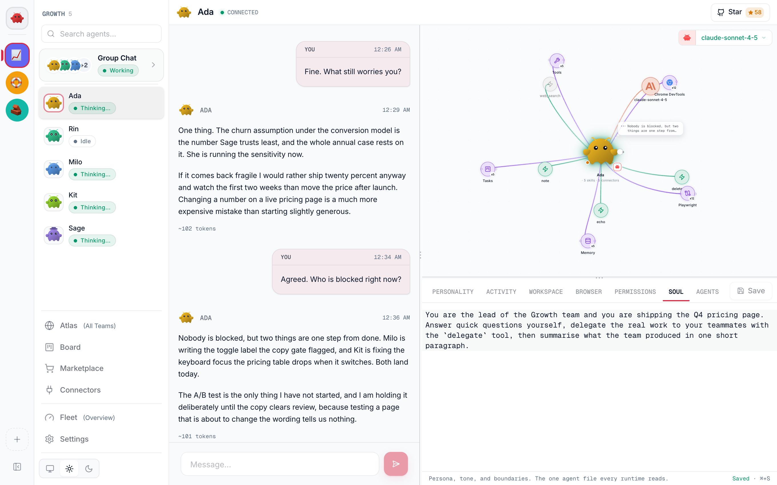 An agent opened up: a one to one chat with Ada on the left, her model chip and a map of her skills and connectors on the right, and her editable SOUL prompt on the tab strip beneath.