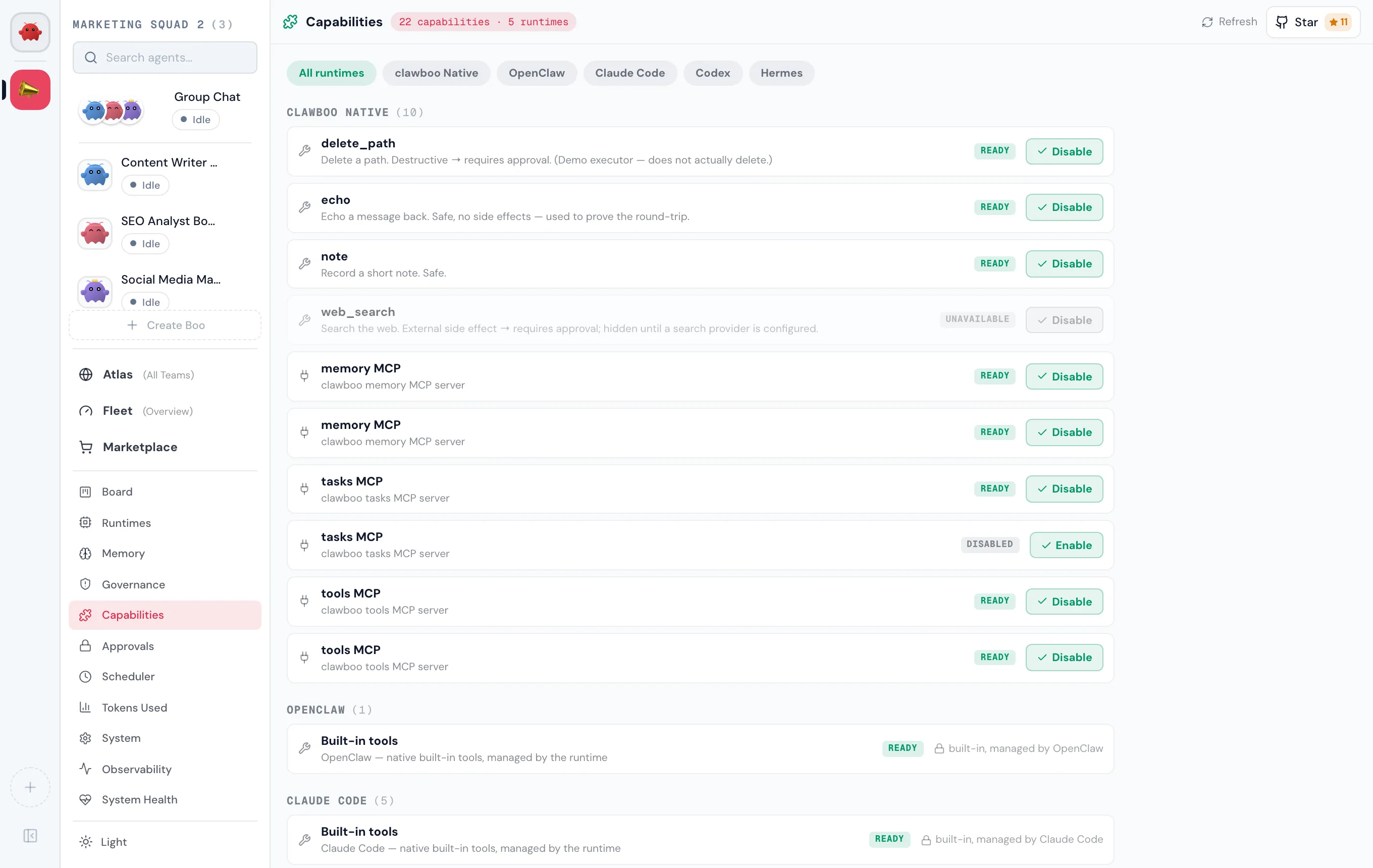 The Clawboo capabilities dashboard: skills, tools, and connectors grouped by runtime.