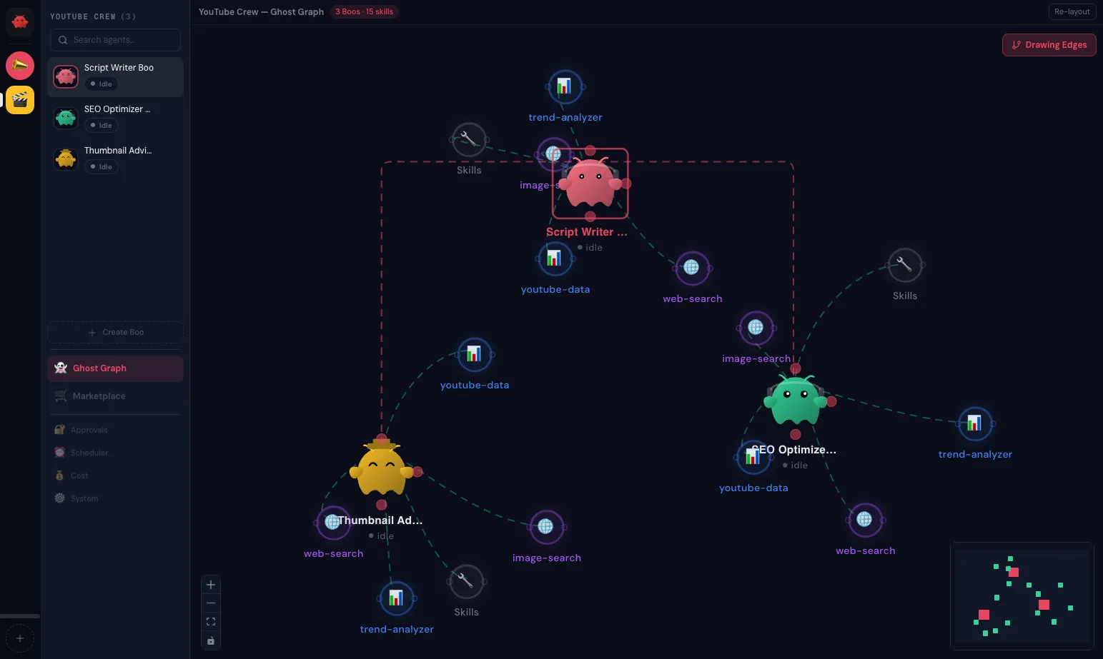 Clawboo Atlas: a global org-graph of every team rendered as connected ghost-lobster nodes with team halos.