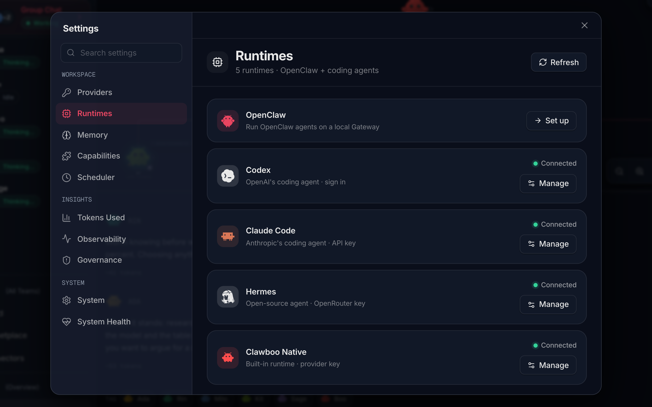 The Runtimes panel in Clawboo's settings: Codex, Claude Code, Hermes and Clawboo Native each connected with a Manage button, and OpenClaw offering to set up a local Gateway.