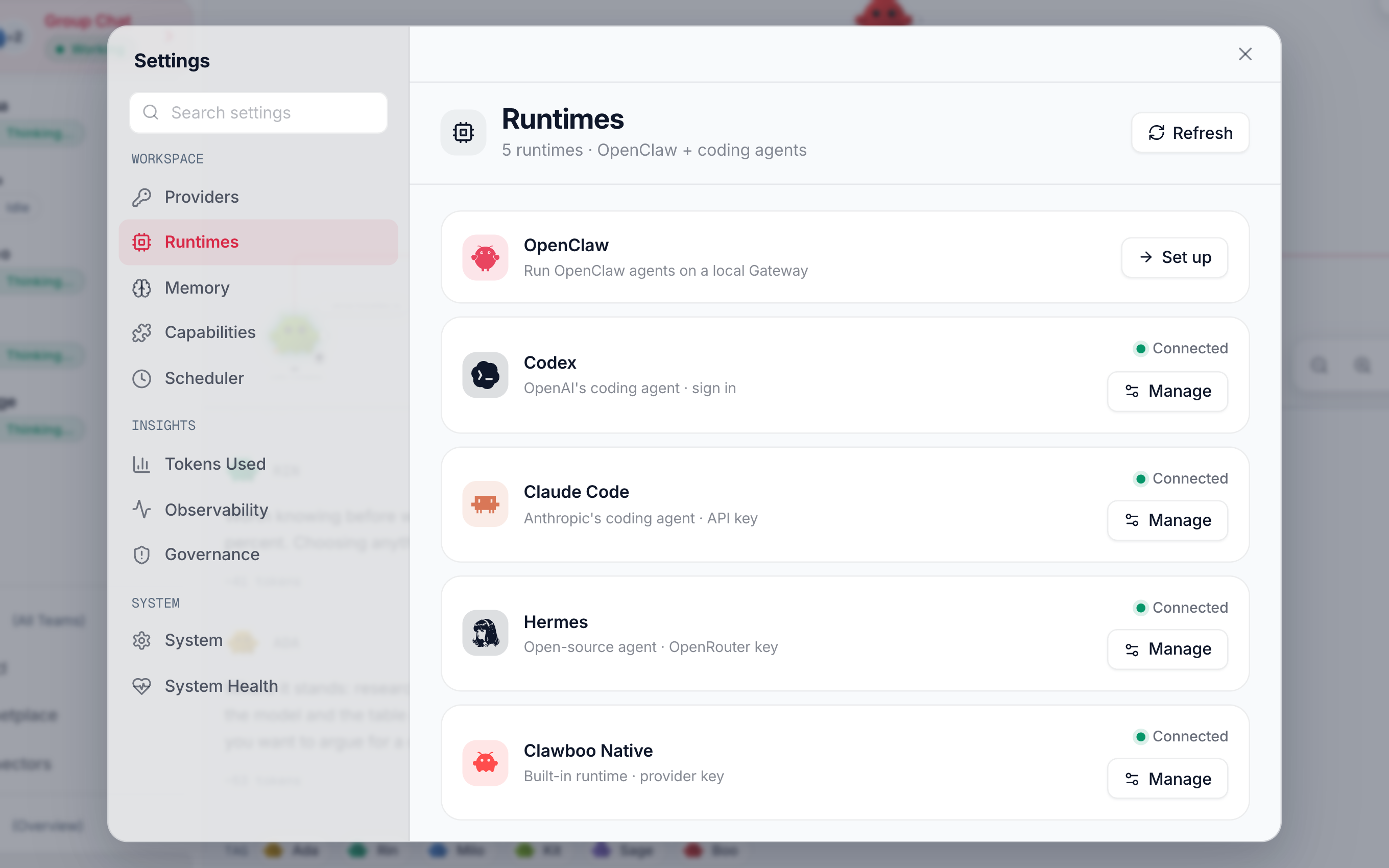 The Runtimes panel in Clawboo's settings: Codex, Claude Code, Hermes and Clawboo Native each connected with a Manage button, and OpenClaw offering to set up a local Gateway.