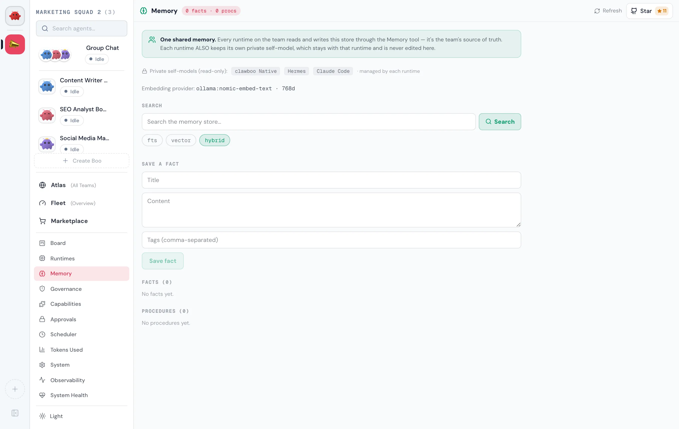 The Clawboo shared memory panel: facts and procedures searchable across every runtime.