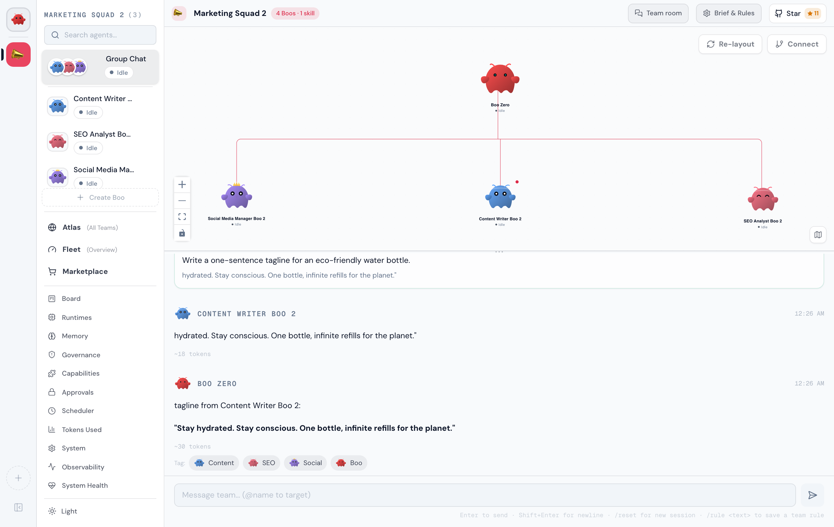 A Clawboo team space: the leader and three specialists in a team graph above a live chat, where one prompt is delegated, answered, and synthesized on the board.