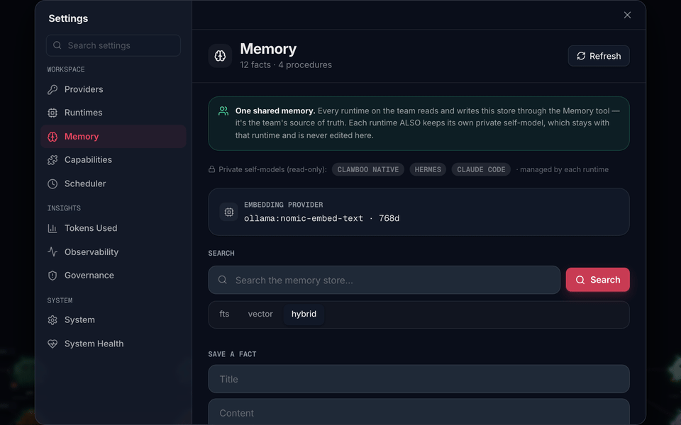The Memory panel being searched: a question is typed, and the shared store ranks the facts that answer it by relevance.