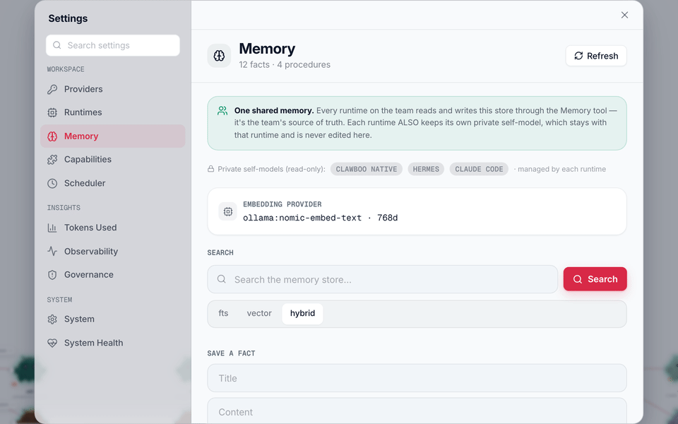 The Memory panel being searched: a question is typed, and the shared store ranks the facts that answer it by relevance.